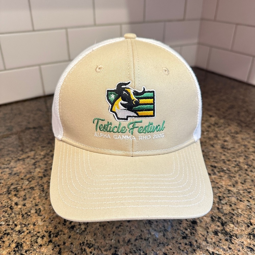 Testicle Festival Alpha Gamma Rho 2025 Port Authority Trucker Hat Tan
